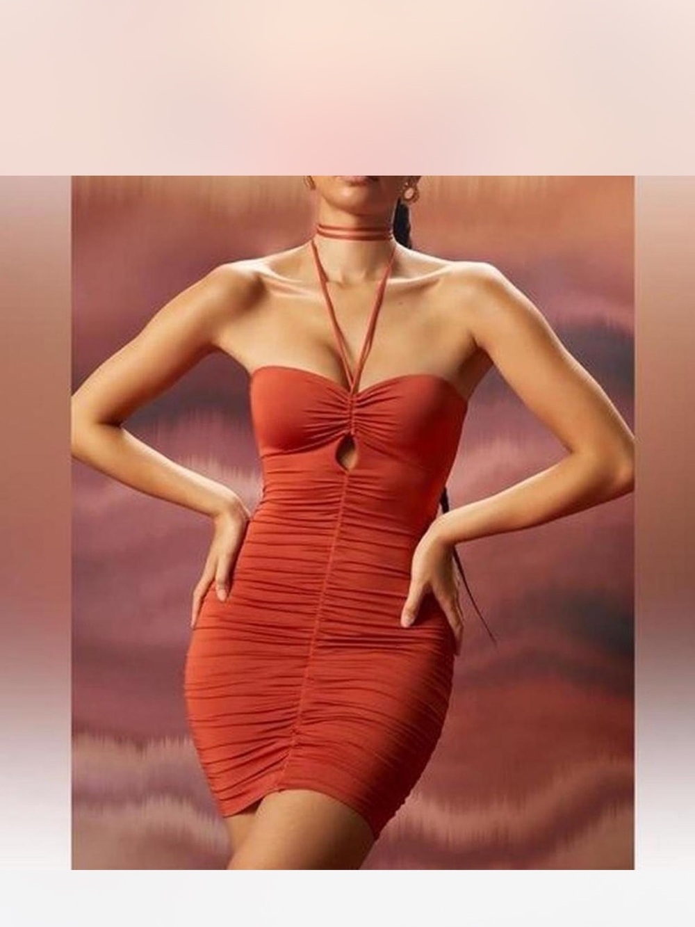 Oh Polly Ruched Strapless Mini Dress in Terracotta